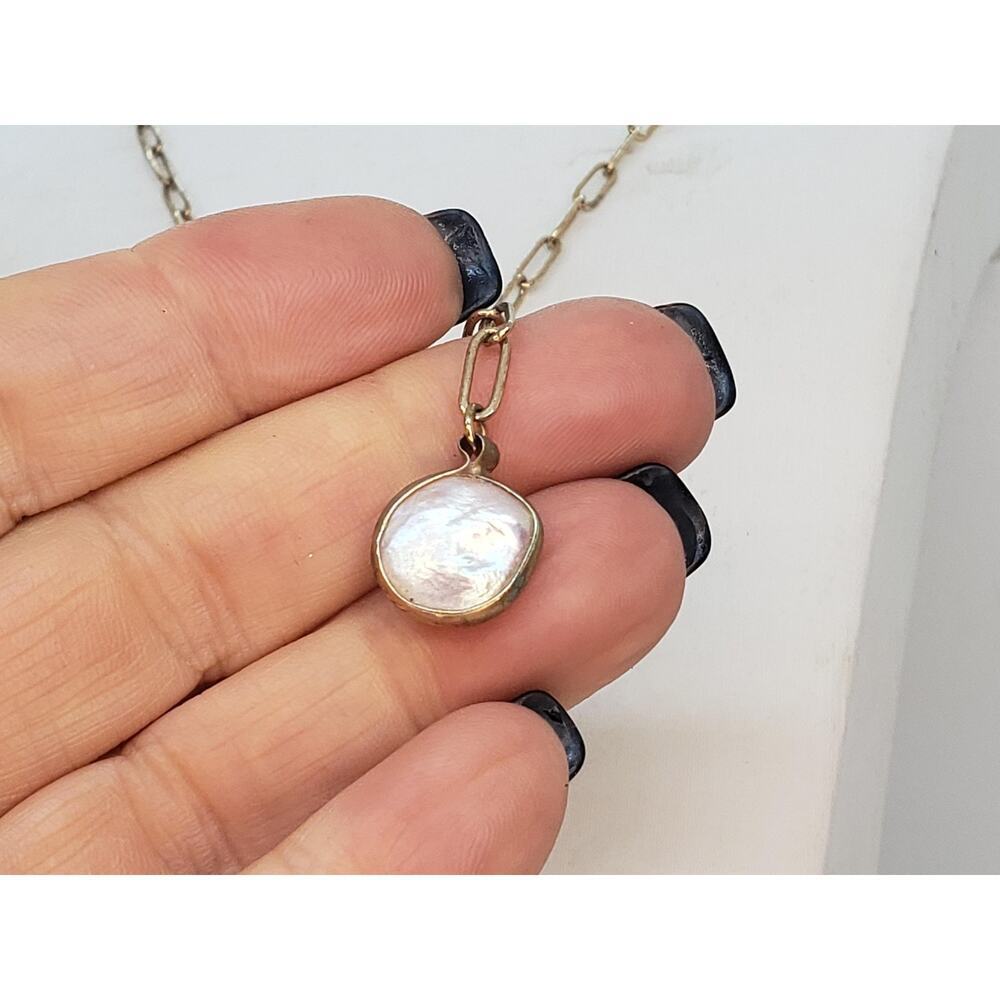 Gold Tone Paperclip Chain Y Drop Lariat Necklace White Real Coin Pearl Pendant - Picture 3 of 8
